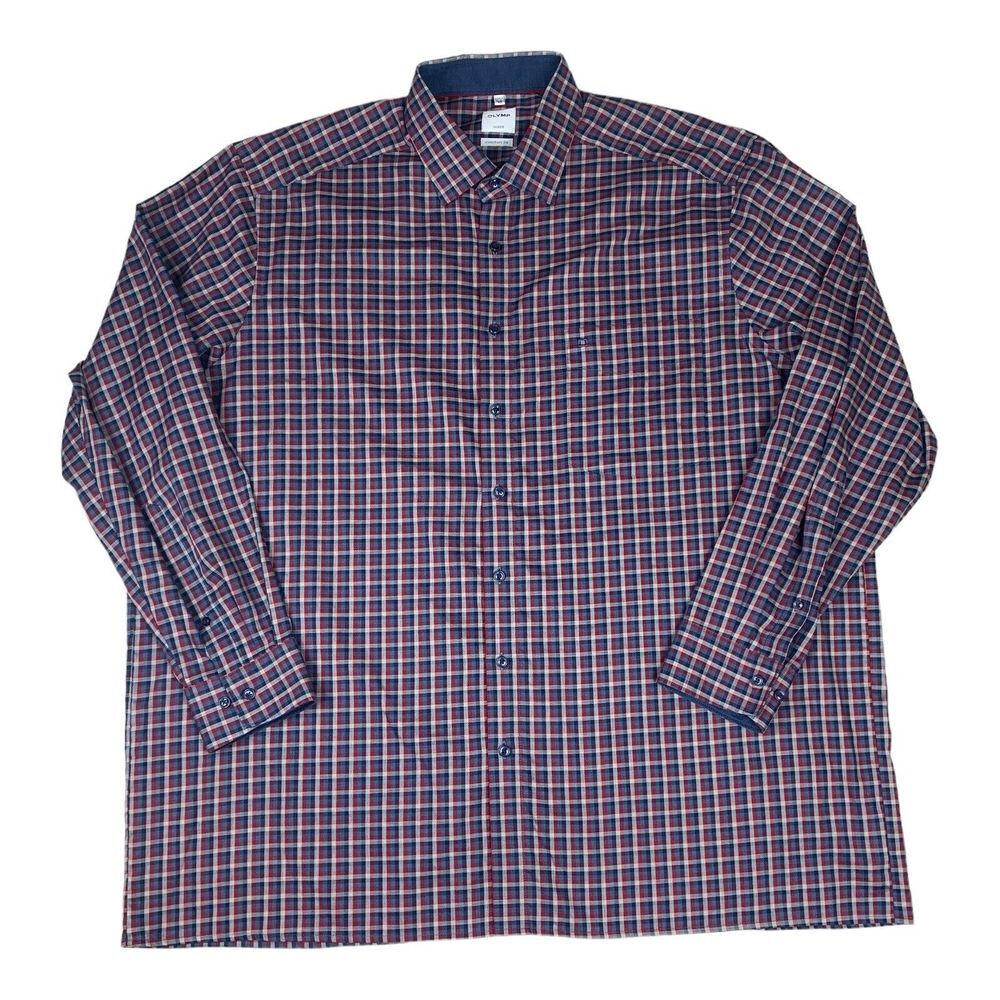 Olymp Luxor Shirt Mens 17 3/4 Comfort Fit Red White‎ Blue Plaid Cotton Germany